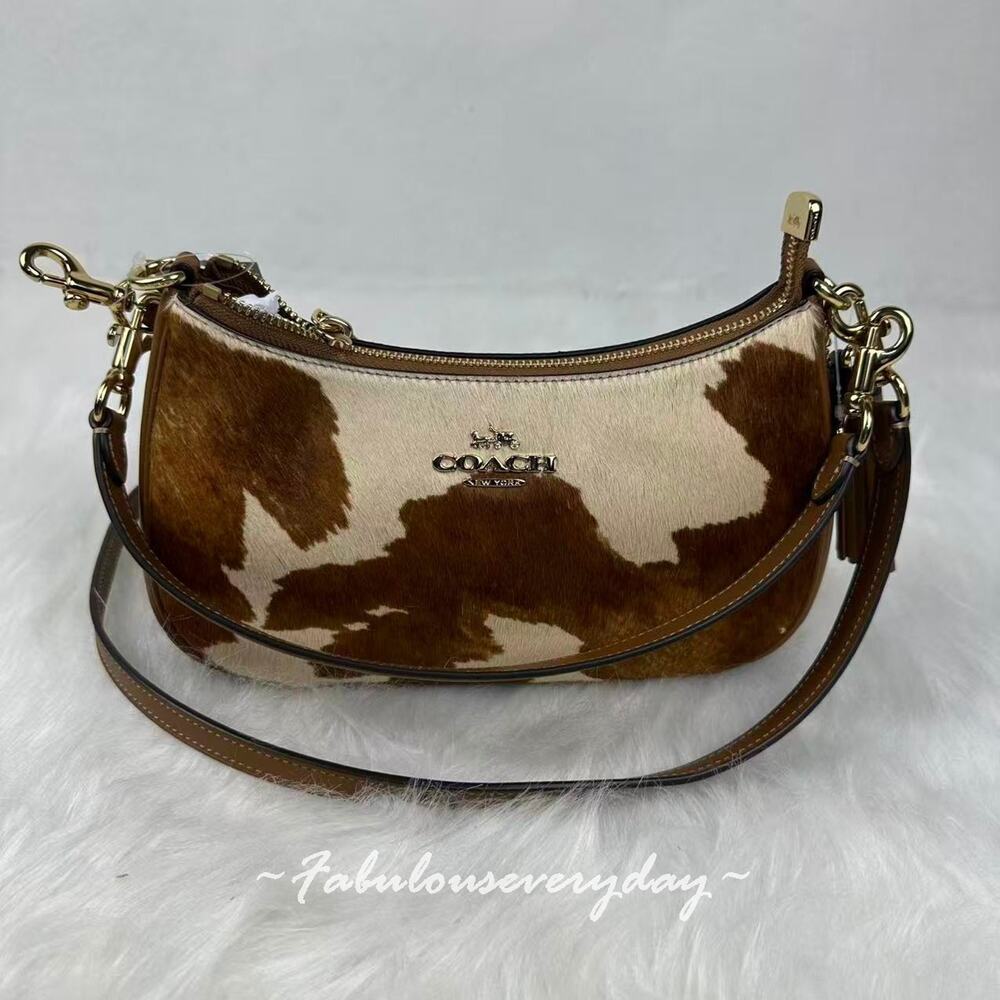 COACH Teri Shoulder Bag In Haircalf With Cow Print CDW45 Gold/Cow Multi NWT